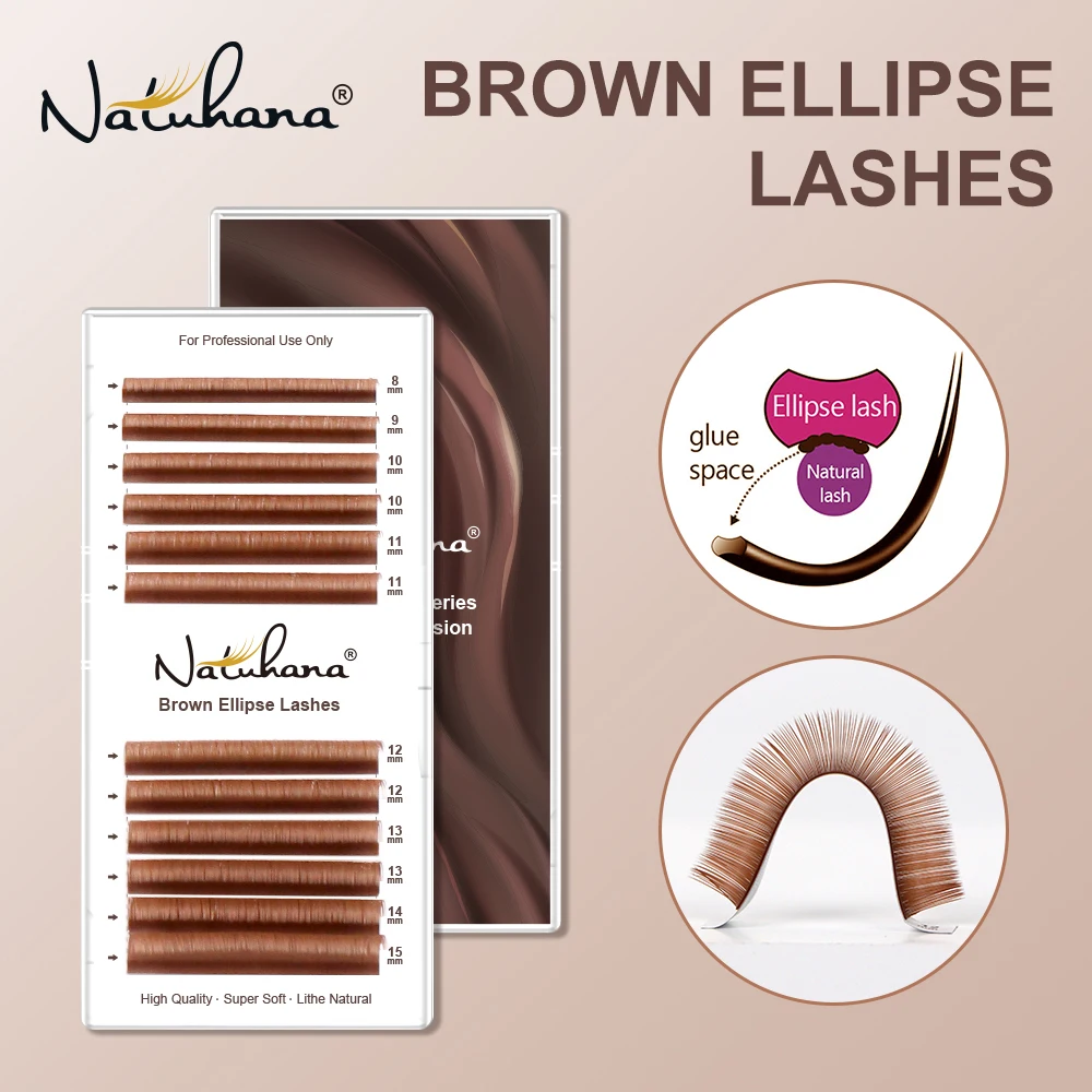 NATUHANA Wimpern 0,15 mm braune flache Ellipse-Wimpernverlängerung, falsche gefälschte Wimpern, matte Split-Tips, Ellipse-Form-Wimpern