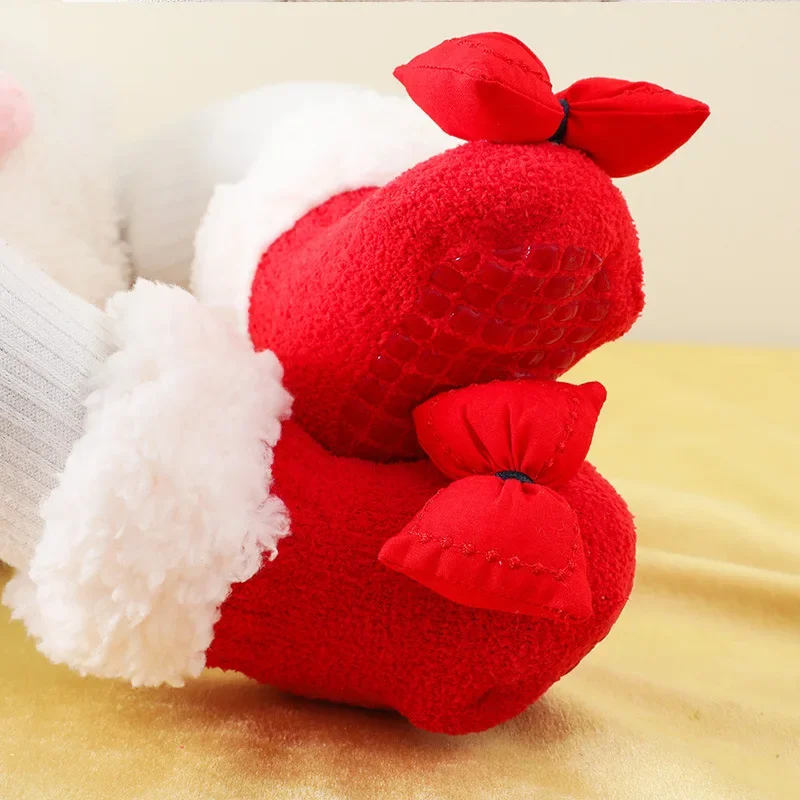 

Детские Рождественские утепленные детские туфли с мультяшным рисунком на флисе ярко-красные нескользящие носки для малышей на новый год детские носки