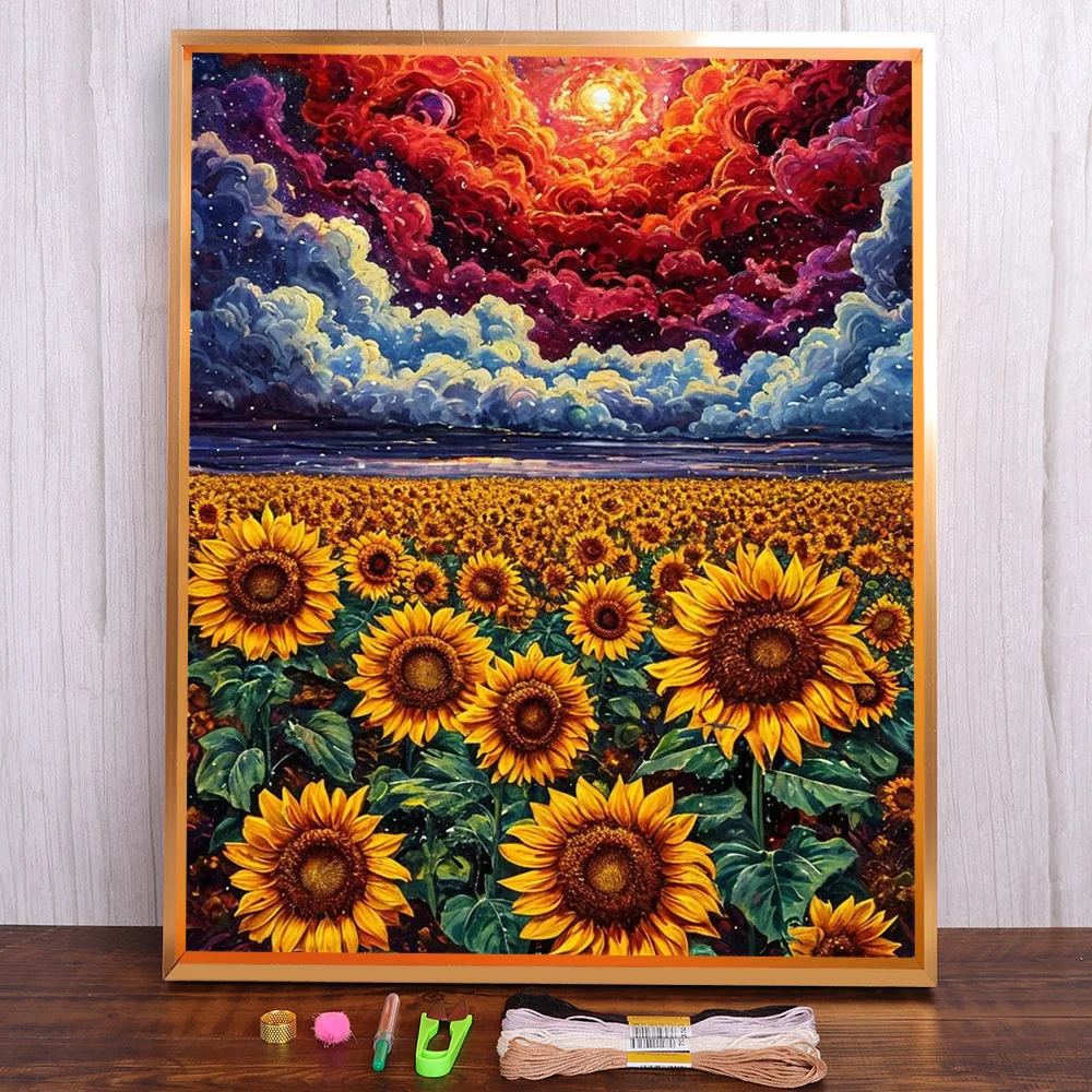 Landschaft Sonnenblume gedruckt Kreuzstich Stickerei Kit DMC Fäden Handwerk Stricken Malerei Hobby Zimmer Dekor Verkauf Magie