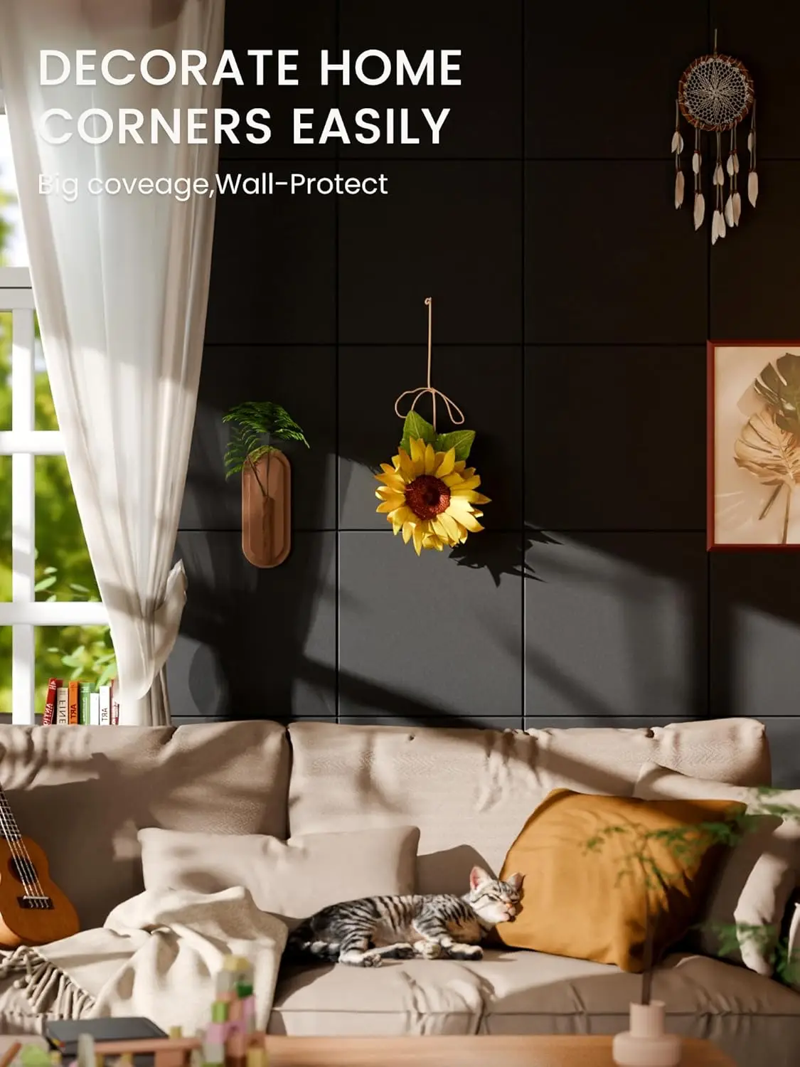 12팩 펠트 벽 타일 48x36인치 코르크 보드 대체품, 70개 접착 탭 및 30개 푸시핀 포함, 사무실 장, 블랙
