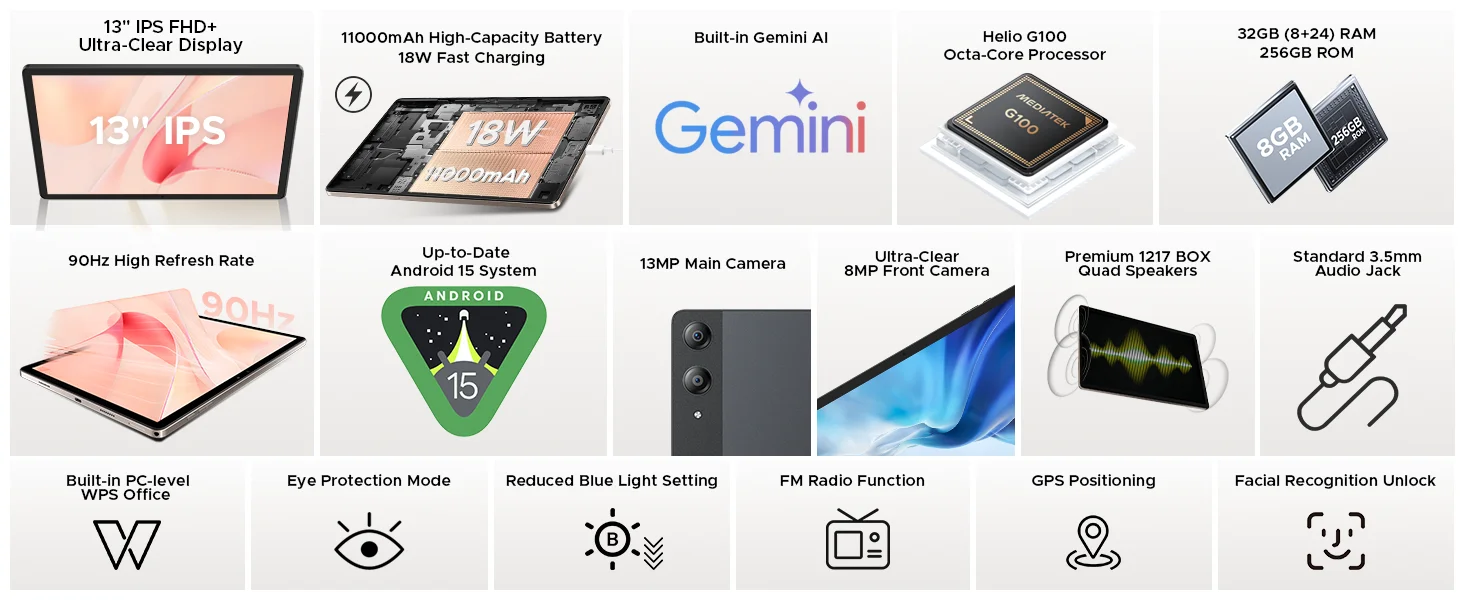 DOOGEE Tab E3 Pro Tablet 32GB+256GB Android 15 Gemini AI 13'' Display 7.9mm Ultra-thin Helio G100 11000mAh Battery Smart Pad