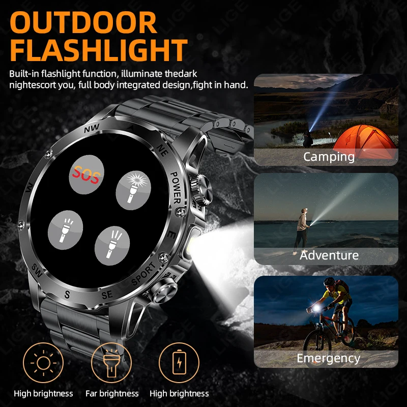 LIGE 800mAh Large Capacity Battery Smart Watch Men's Outdoor Compass Flashlight IP68 Sports Fitness Voice Calling Man Smartwatch