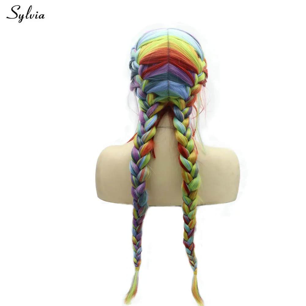 Sylvia Long Synthetic Lace Front Wigs for Women Braided Wigs Two Braids Wig Natural Hairline With Baby Hair Colorful Rainbow Wig