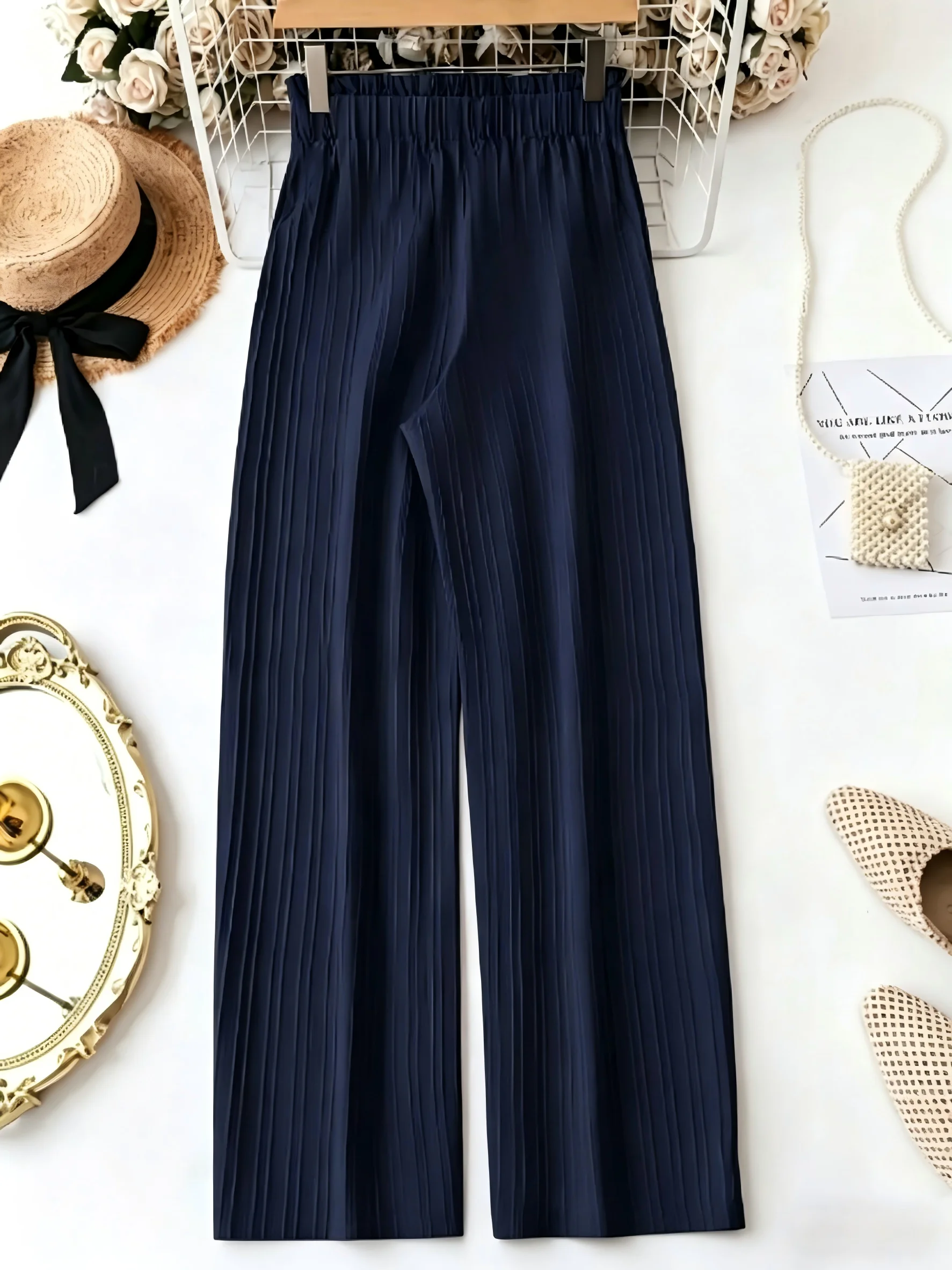 Navy Blue Women's High Waist Wide Leg Bow Tie Trousers - Textured Flowy Summer Pants