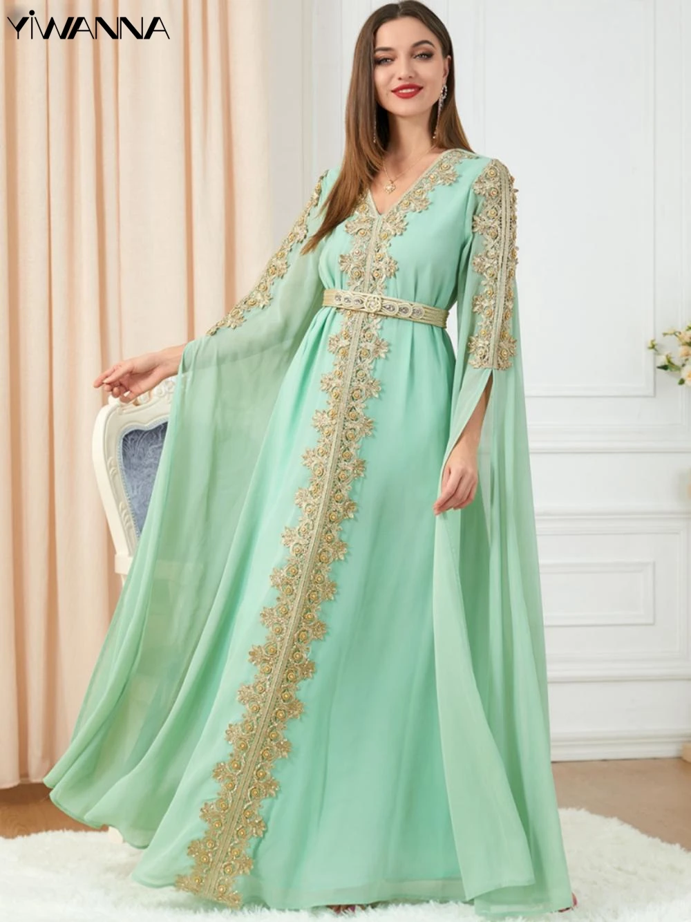 

Simple V-neck Long Sleeve Wedding Dress Classic Appliques Bride Robe Muslim Chiffon A-line Long Bridal Gown Robe De Mariée