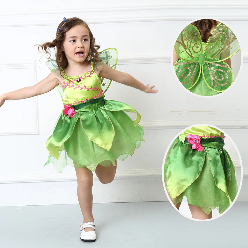 Deluxe Woodland Girls Tinkerbell Fairy Costume Abito Verde Con Ala Bambini Outfit3-10 Y
