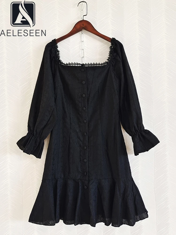 

AELESEEN Vintage Women Black Dress Designer Fashion Square Collar Lantern Sleeve Single-breated White Cotton Mini Casual