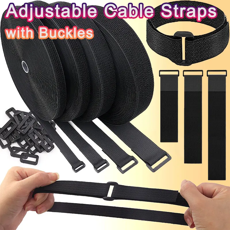 Nylon Cable Ties 5/2/1Meter Reusable Fastener Hook and Loop Securing Straps with Buckles Adjustable Cable Straps Free Cut Length Nylon Cable Ties