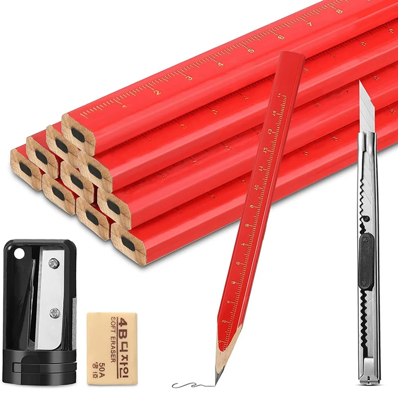 

BEAU-Pencil Set Construction Pencil Sharpener Utility Knife Eraser Carpenter Marking Pencil For Woodworking Marking Tool