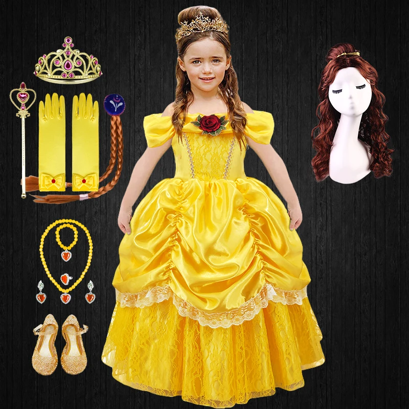 Vestido De Princesa Belle MYRISAM Para Niñas – Disfraz De Carnaval, Halloween Y Cumpleaños Con O Sin Accesorios