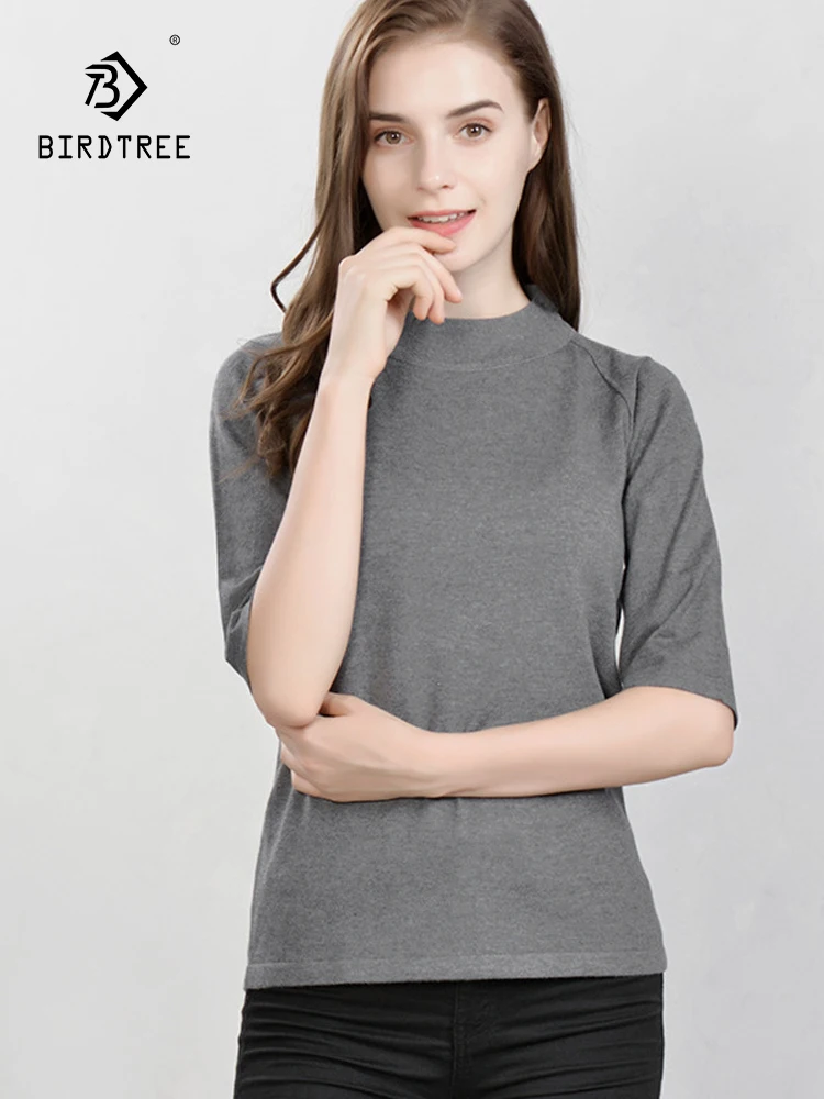 

Birdtree 85% Real Silk 15% Cashmere Women Pullovers Half Sleeved Sweaters For Women 2023 Fall Winter Bottoming Knitwear T36056QC