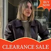Vintage Solid Lapel Collar Zipper Women's Pu Leather Jacket Fashion Long Sleeve Pockets Short Loose Coat Autumn Winter Outerwear 1