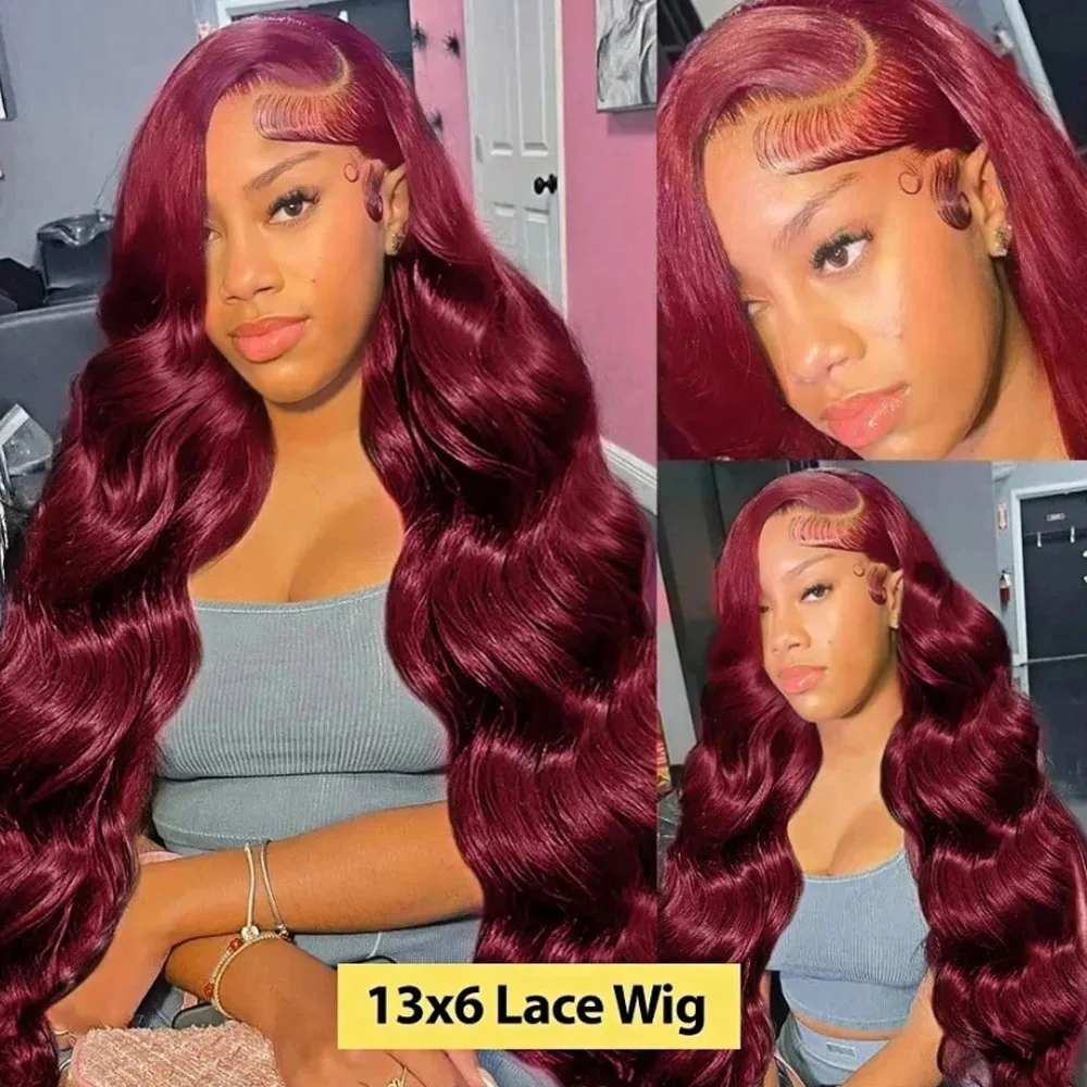 99J Burgundy 13x6 Hd Lace Frontal Wig 200% Density Body Wave 24 30 Inch Lace Front Human Hair Wig Brazilian for Women Daily Wear