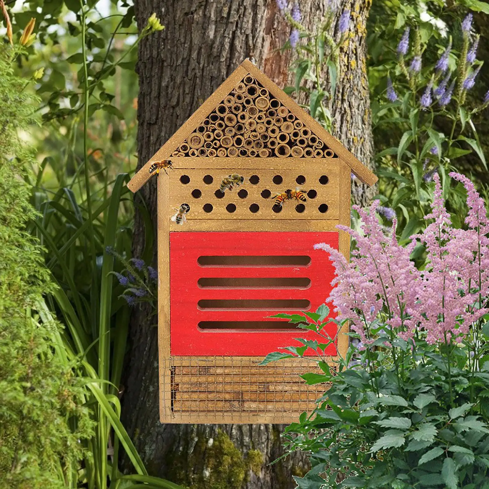 Wooden Bee House-Insect Shelter Hotel for Garden Decoration, Bug Nest Box for Bees & Beneficial Insects