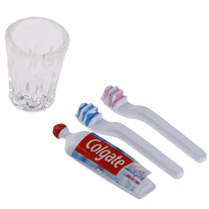 4Pcs/Set Dollhouse Miniature Cup Toothpaste Toothbrush Set Miniature Dollhouse Bathroom Scene Decor 1:6 1:12 Dollhouse Decor 4