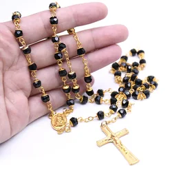 Vintage Two - Tone Beaded Necklace with Stainless Steel Cross Pendant (Gold - color)