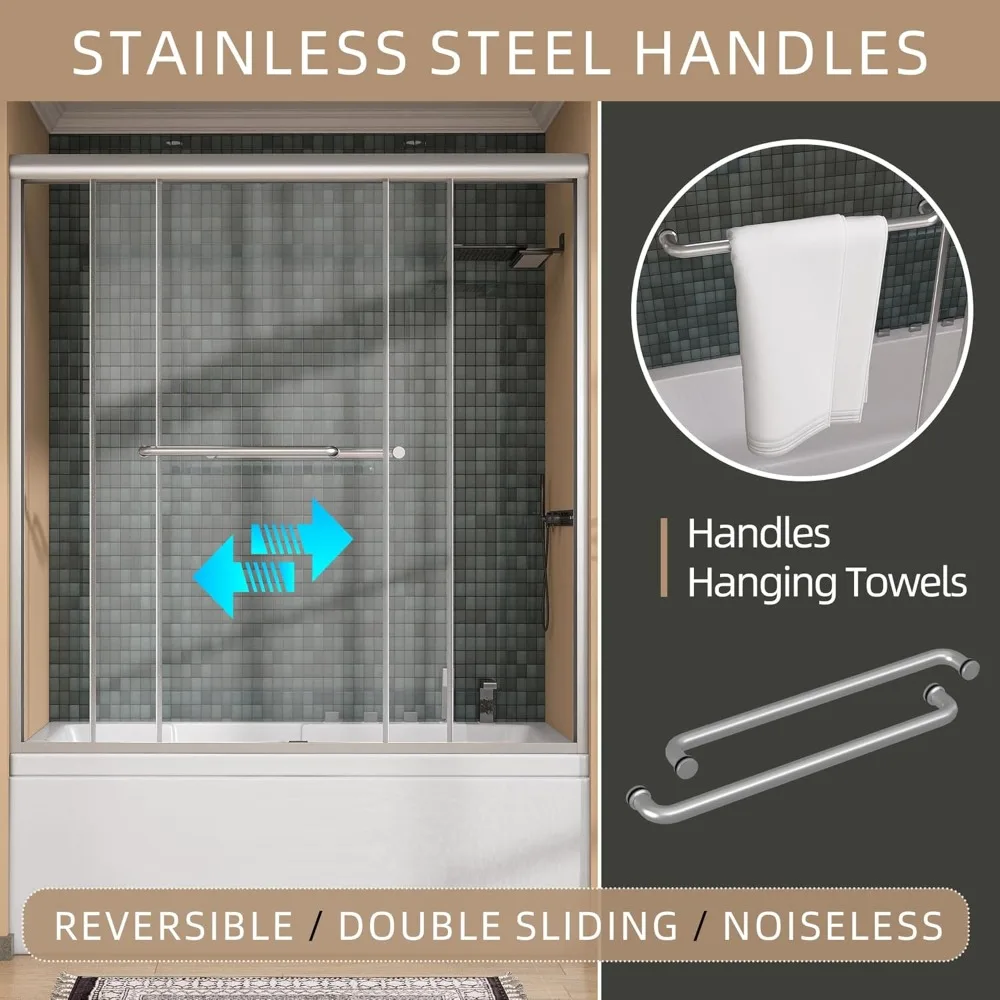 Double Sliding Bathtub Door for Shower Semi Frameless Bypass Glass Shower Doors for Bath Tub with Tempered Glass Brushed 2