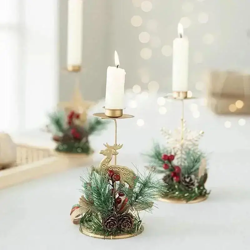 Golden Wrought Iron Christmas Candle Holder Simulated Pine Cone Decor Candle Holder Christmas Window Display Decor Candle Tray