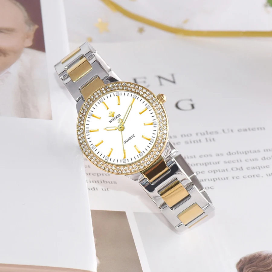 WWOOR 2024 New Diamond Women Watches Luxury Stainless Steel Ladies Quartz Bracelet Watches Rhinestone Female Clock Montre Femme