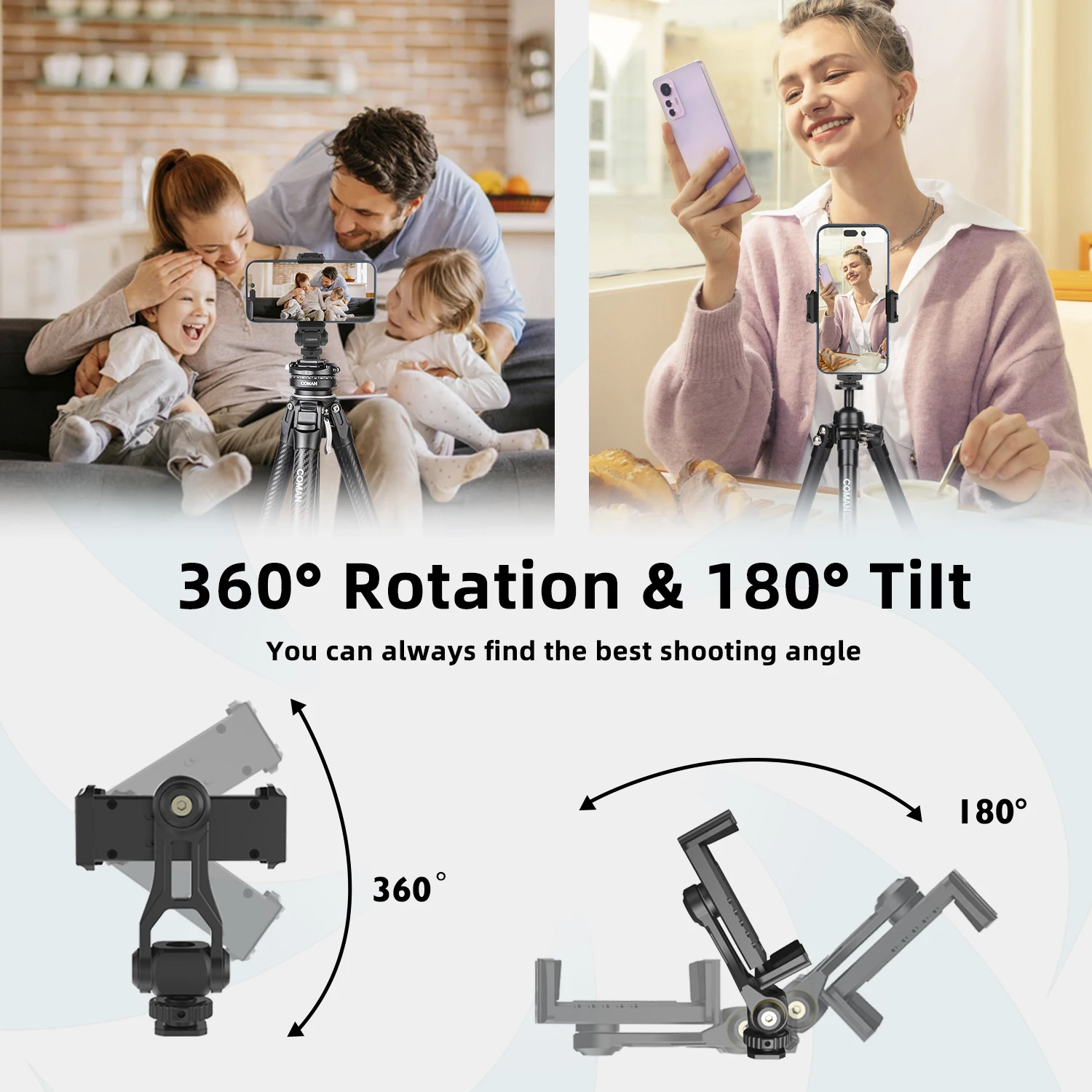 COMAN EX380 Phone Tripod Mount Holder Stand Adapter For Smartphone Adapter With 2 Cold Shoe 1/4" Screw Mount For Fill Light Mic