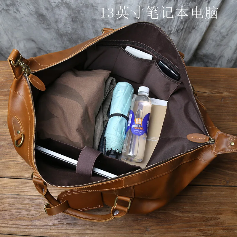 NZPJ Vintage Genuine Leather Men's Travel Bag, Large Capacity Luggage Bag, Crazy Horse Leather Handbag, Natural Cowhide Crossbod