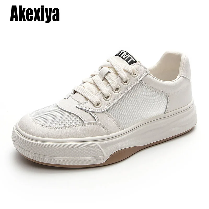 

Genuine Leather Women Sneakers Autumn Mesh Casual Vulcanized Shoes Ladies Thick Bottom Sports Beige Skate Shoes bc6978