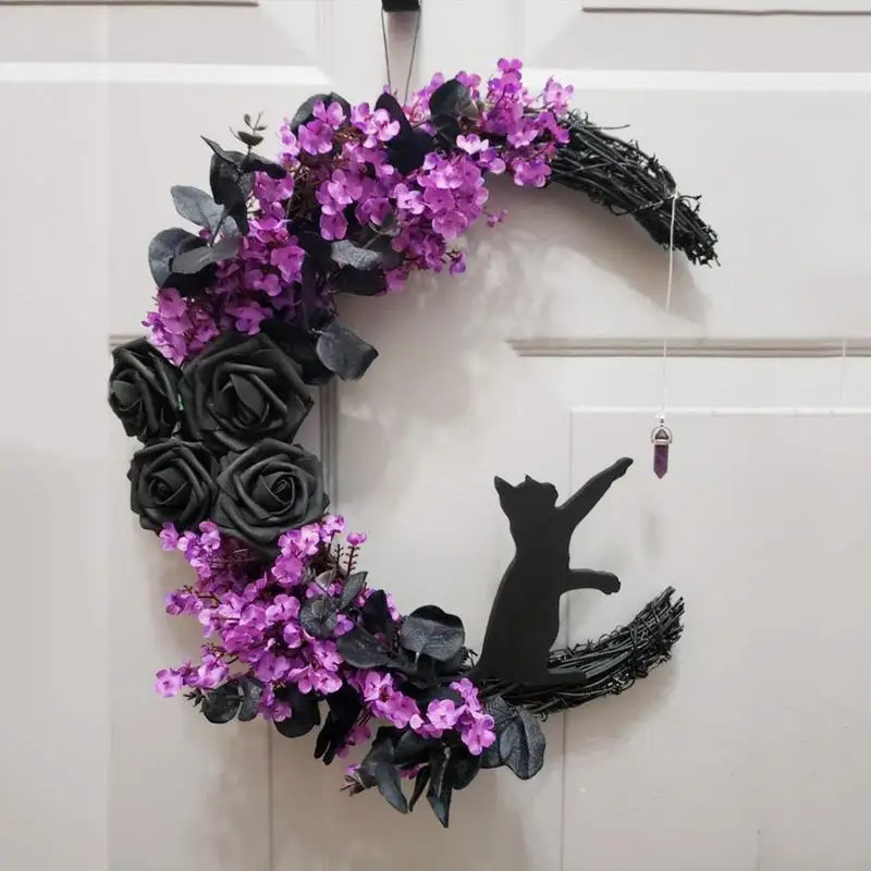 

Moon Wreath Black Cat Wall Decor Artificial Rose Flower Row Wedding Backdrop Halloween Decorations for Door Wreath Front Porch