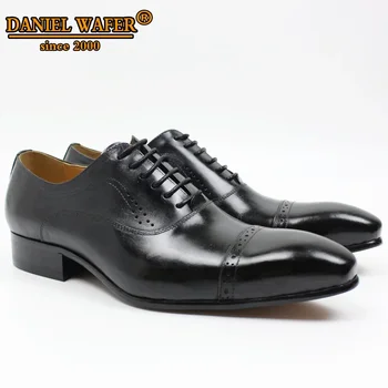 Genuine Leather Oxford Dress Shoes Men Lace Up Cap Toe Office Wedding Shoes Black Brown Brogue Pointed Oxfords Formal Shoes Men 1