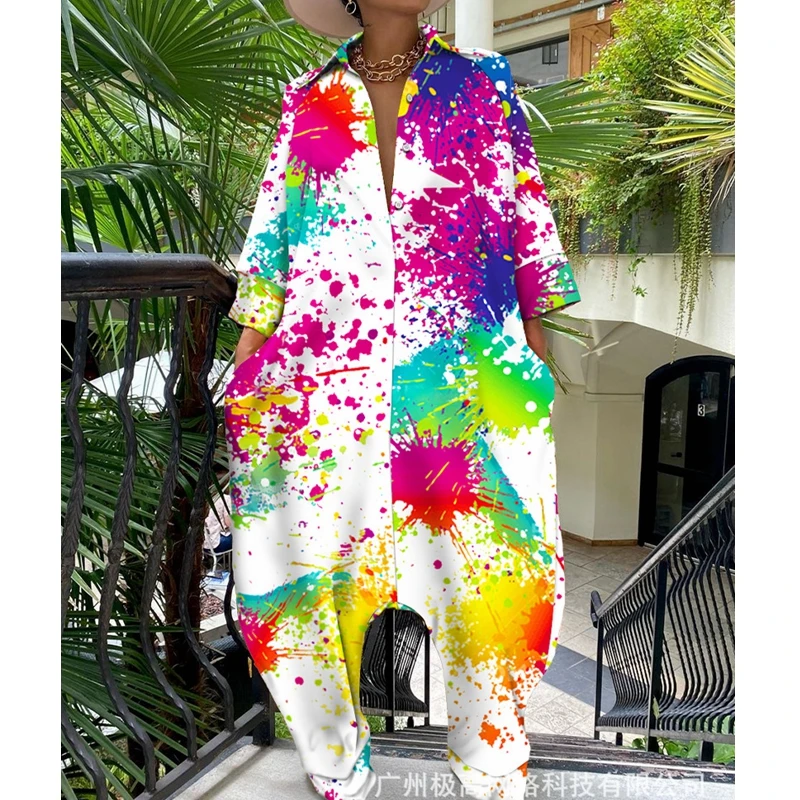 Women Jumpsuits Graffiti Print Loose Cross-Pants Jumpsuits Women Long Sleeve Single Breasted Turn-down Collar Straight Jumpsuits