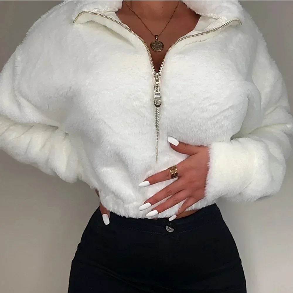 Y2K Fashion Plush Warm Sweatshirt Women Long Sleeve Pullover Loose Jumper Outwear White Hairy Tops Zipper Stand Collar Hoodies мужская hoodies длинные куртки над покрывало теплый случайный капюшоном qip up траншея пальто outwear