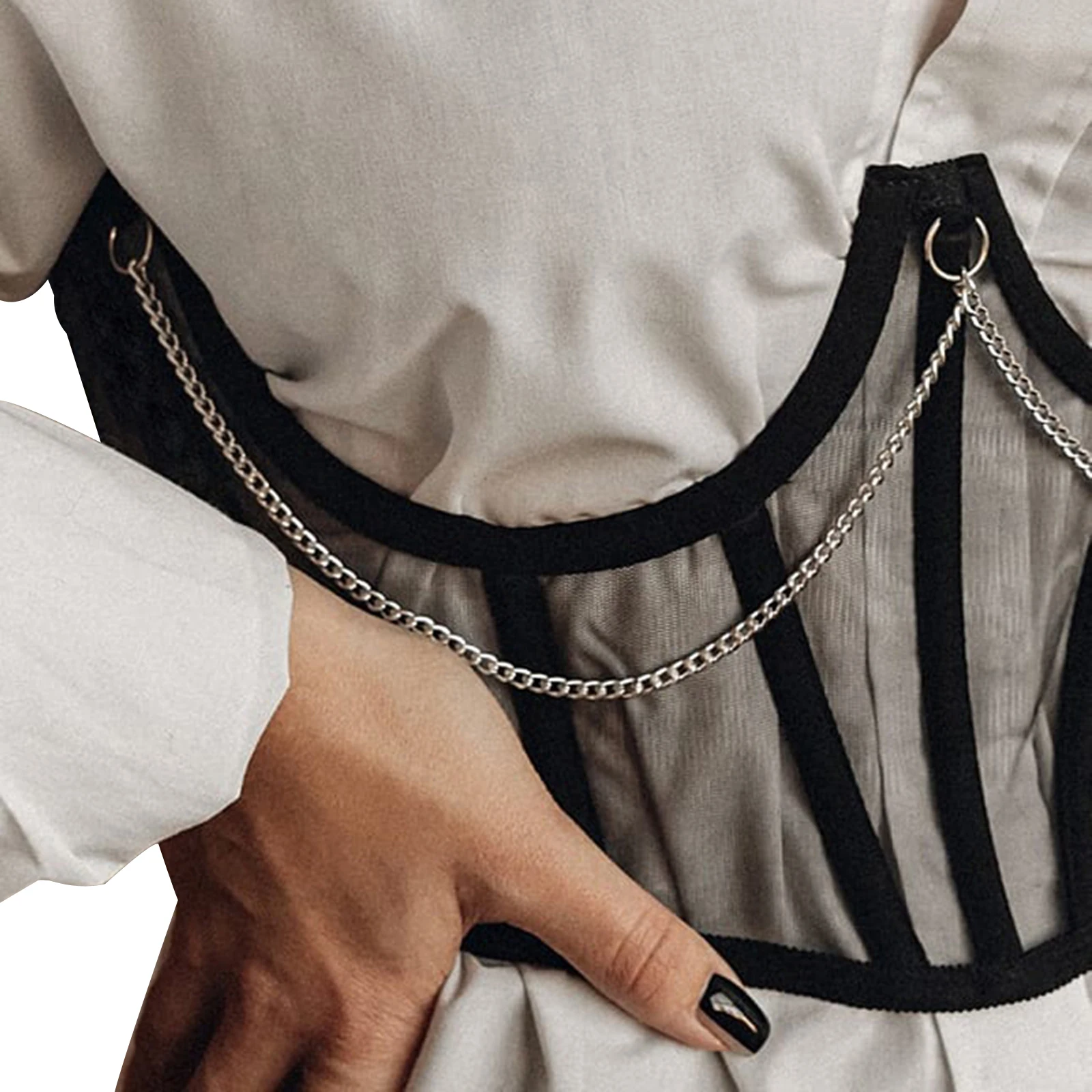 Women s Lace-Up Waist Trainer Seductive Fishnet Body Shaper with Metal Chain Detail for Night Out Clubbing Event