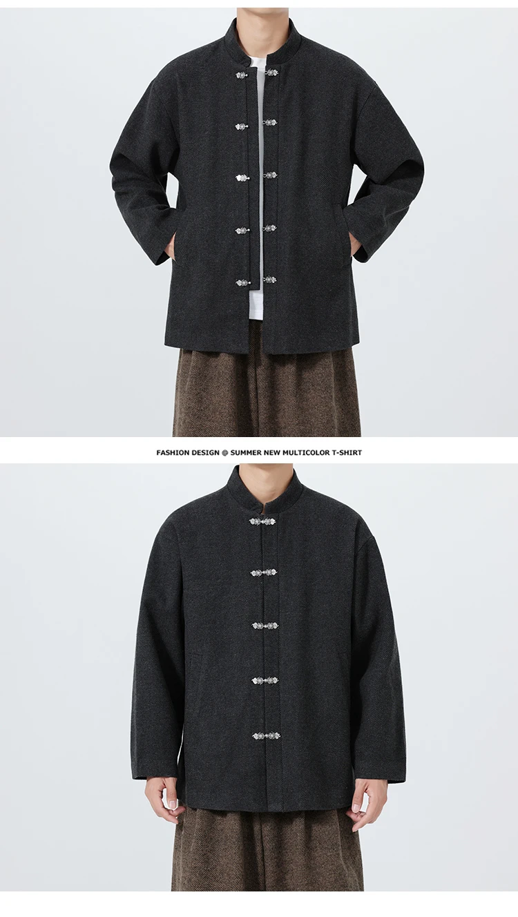 2025 herbst Winter männer Jacke Stehkragen Chinesischen Stil Dicken Woll Mantel Taste Vorne Casual Oberbekleidung Männlichen Mode – Detail 15