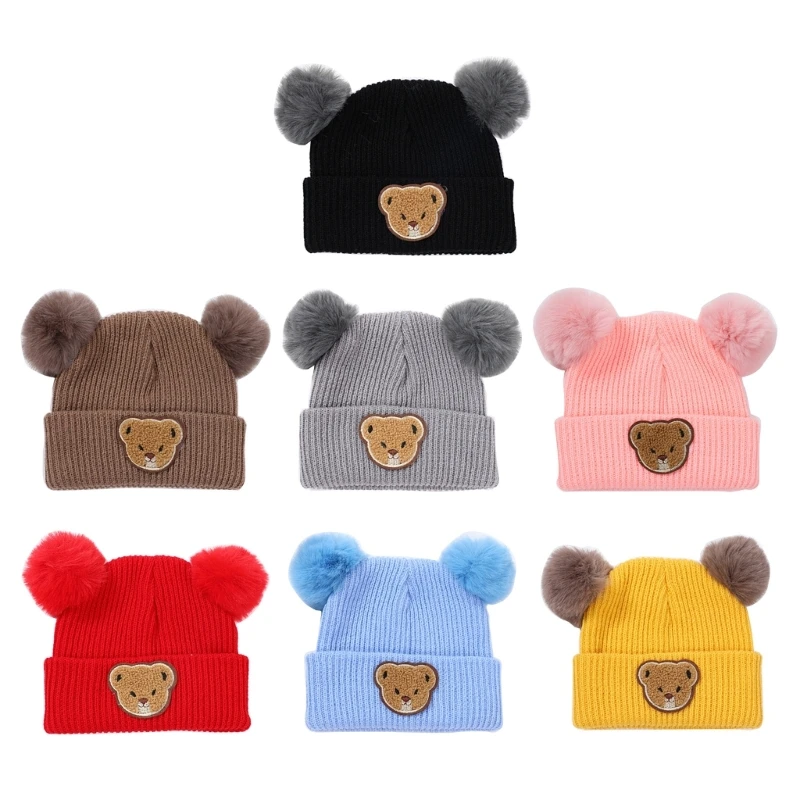 

Cosy Kids Knitted Beanie Hat Double Pom Pom Bonnet Soft and Warm Beanie Cap Winter Solid Color Headwear for Children