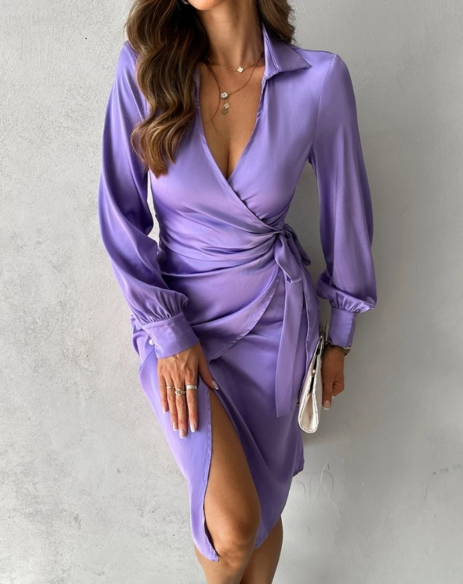 

New Fashion 2024 Casual Sexy Dresses for Women Elegant Knotted Slit Ruched Satin Shirt Dress Female Clothing Outfits