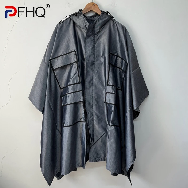 

PFHQ Men's Multi Pocket Silhouette Hooded Sleeveless Cape Coat Trendy Niche HIgh Street Windbreakers Avant-garde Autumn 21Z2508