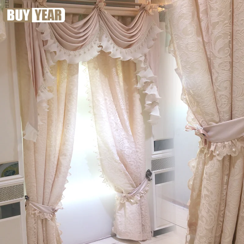 Korean Style Pink Wavy Lace Luxury Curtains for Living Dining Room