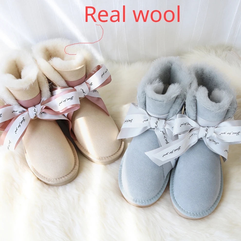 

G&Zaco Luxury Winter Sheep Wool Boots Women 2023 Short Genuine Sheepskin Shoes Ribbon Bow Sweet Girl Student Boots Flat Shoes