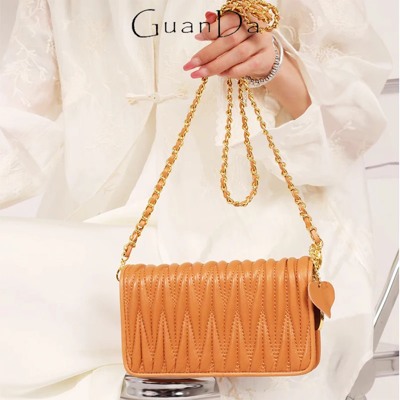 

Luxury Design Sheep Skin Shoulder Bag Woman Genuine Leather Embroidery Pleated Chains Cross Body Bag Fashion Versatile Handbag