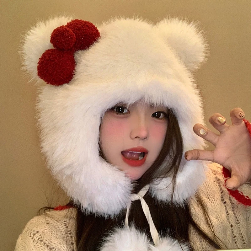 Winter Hat Cat Ear Cap For Cold Weather Bowknot Plush Hat For Girls Furry Women Windproof Ear Flap Hat Outdoor Activity Casual Hats