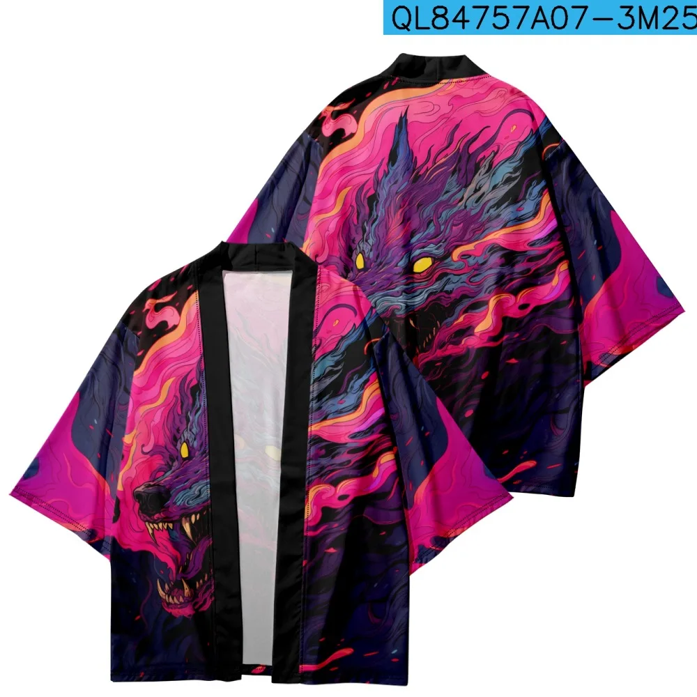 Streetwear Cardigan Clothes Oversized Robe Women Men Traditional Haori Yukata Summer Japanese Anime Wolf Print Cosplay Kimono