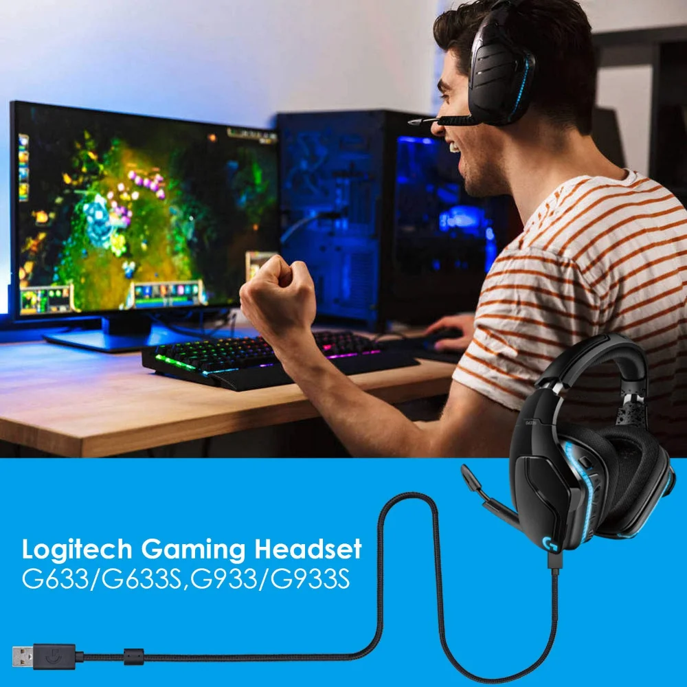 Ofc Nylon Trançado Substituição Usb Carregamento Cabo de Dados de Áudio Cabo de Extensão para Logitech G635 G633 G933 G935 G633s G933s Headsets - Image 3