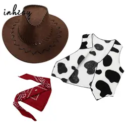 Halloween Cowboy Costume Cowgirl Party Dress Up Kids Western Felt Hat with Bandanna and Cow Print Vest Cosplay Fancy Outfits