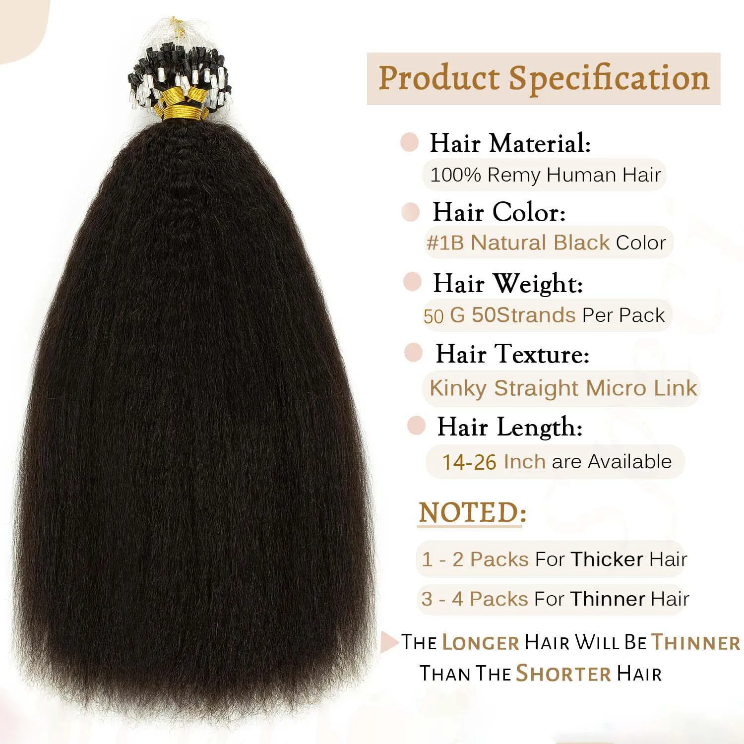 Kinky Straight Micro Loop Human Hair Extensions 24 Inch Microlink Hair Extensions 50g/Bundle 1g/Strand #1B Natural Black Color