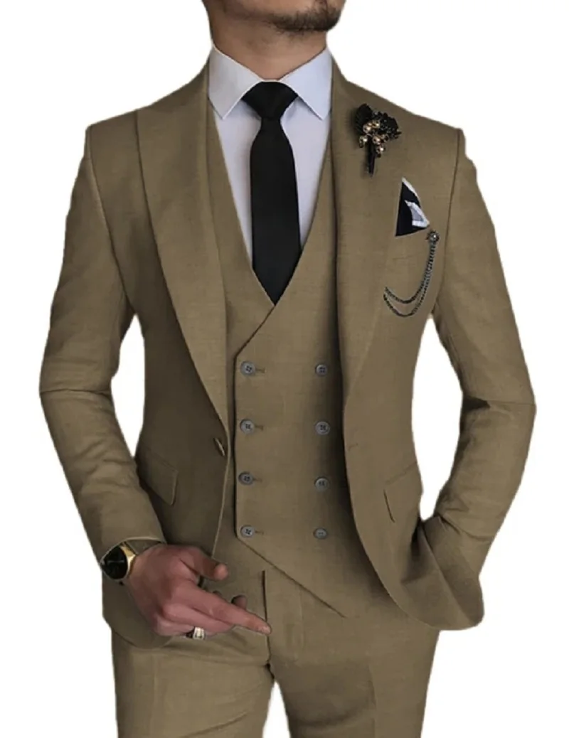 

Latest Business khaki Wedding Men Suits Costume Homme Peaked Lapel Groom Tuxedos Best Man Prom Blazer 3 Pieces Terno Masculino