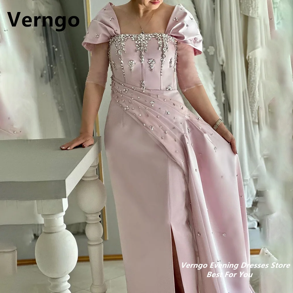 

Длинное атласное платье Verngo с открытыми плечами, рукавом до локтя, драпировкой кристаллами, разрезом по бокам, квадратным вырезом, вечернее платье