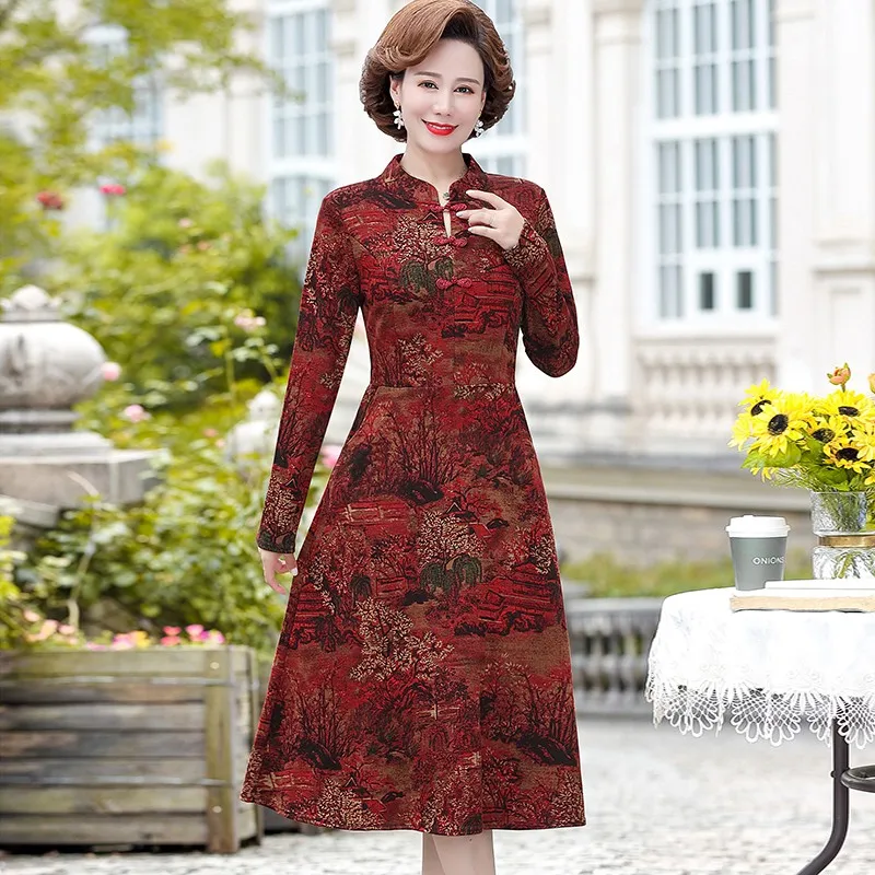 

New Arrivals Womens Long Dress Cheongsam Spring Autumn Female Formal printing Dresses Qipao Lady Vestido