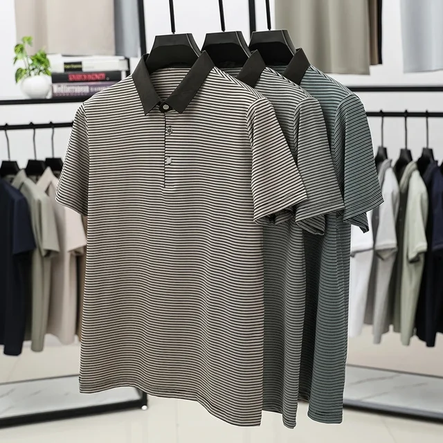 TFETTERS Brand 2025 Summer Oversized T-shirts Men Soft Thin Striped Short Sleeve Lapel Collared Tshirt Man Designer Clothes 4