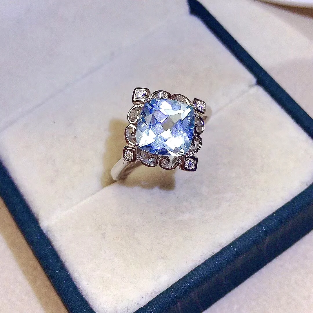 

2ct Light Blue Topaz Ring 8mm*8mm VVS Natural Topaz Silver Ring for Party 18K White Gold Plating Silver Jewelry