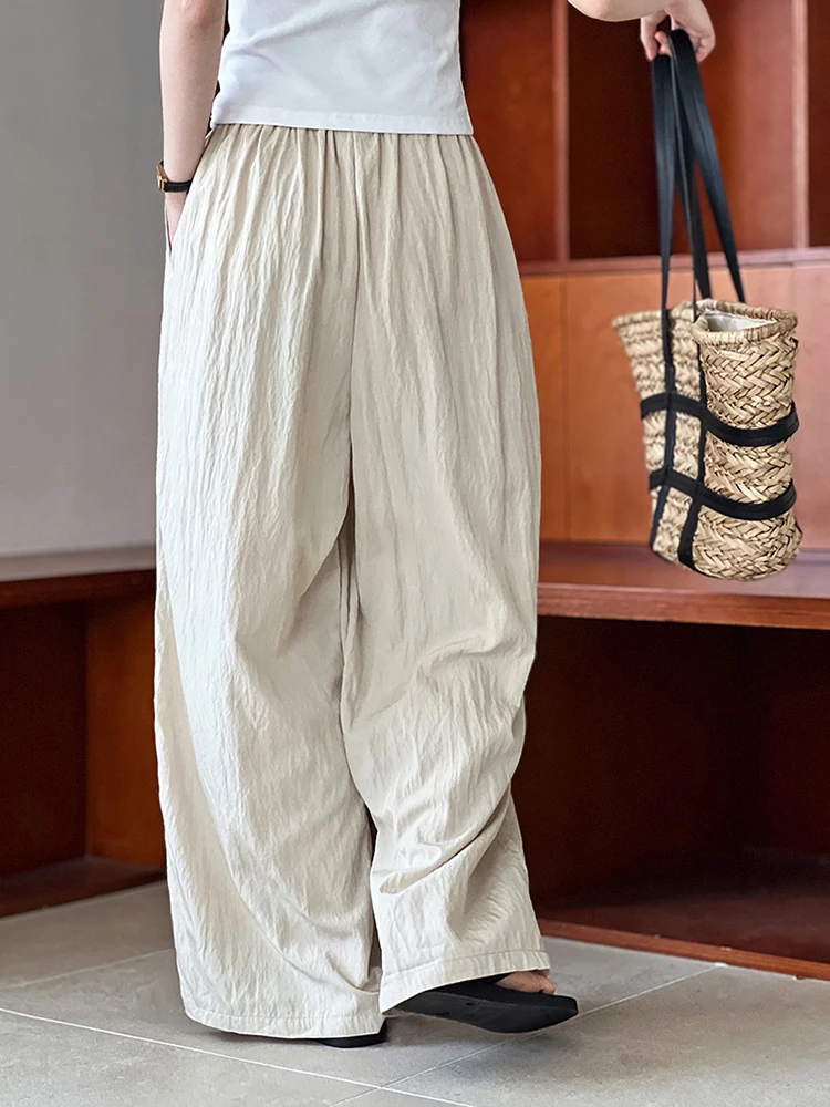 [LANMREM] Minimalism Elastic High Waist Wide Leg Pants Women Pleated Loose Trousers Sunscreen Clothing 2024 Summer New 26D9170