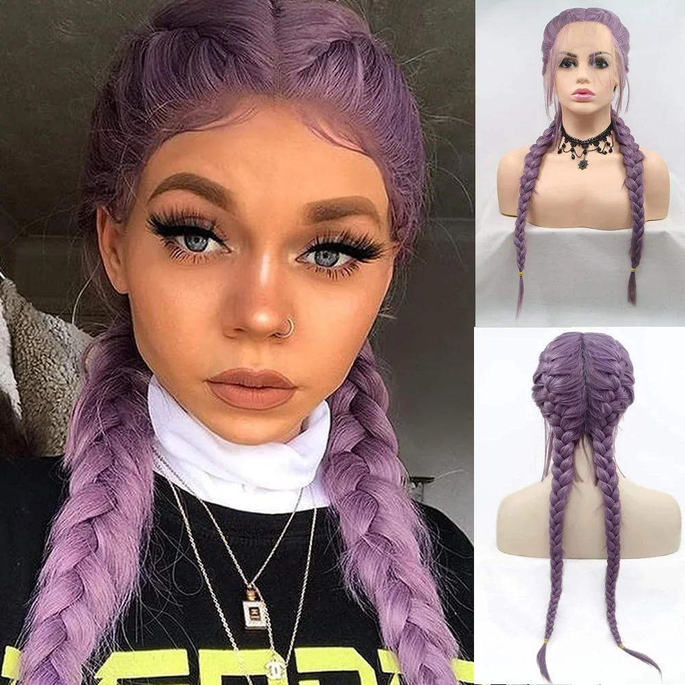 Long 24" Purple Braided Wig 2 Braids Highlight Big Braiding Synthetic Wig for Women Heat Resistant Fiber